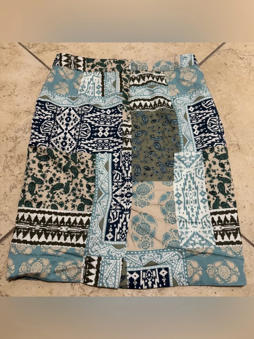 Van Heusen Patchwork Print Pencil Skirt in Navy, Teal, Olive, Cream